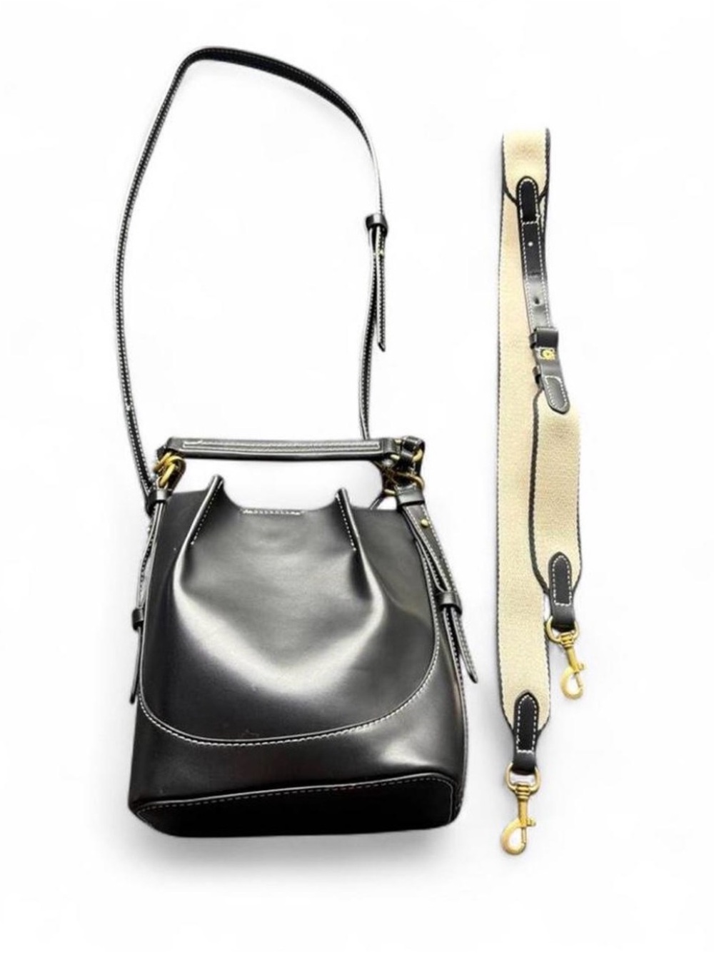 Zara Black Leather Bucket Bag with Cream Removable Strap